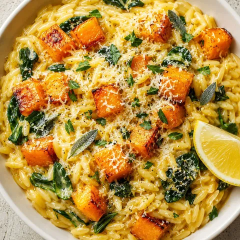 Creamy orzo with roasted butternut squash, spinach, Parmesan, and lemon