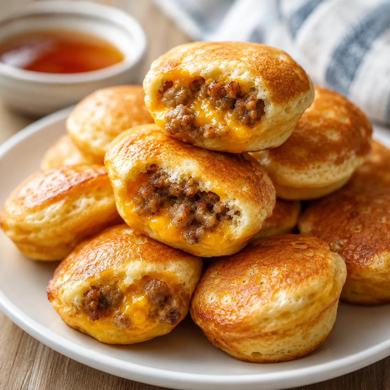 Golden Pancake Sausage Cheese Bites with cheddar and maple syrup