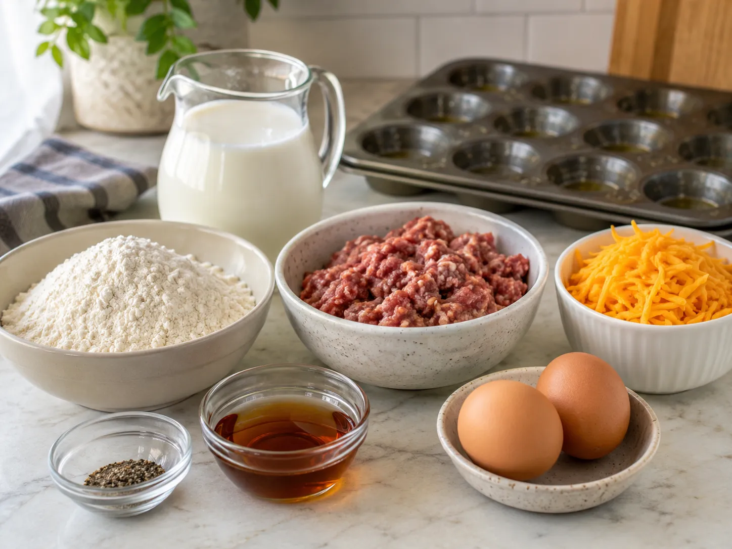 Ingredients for Pancake Sausage Cheese Bites with sausage, cheddar, eggs, and pancake mix