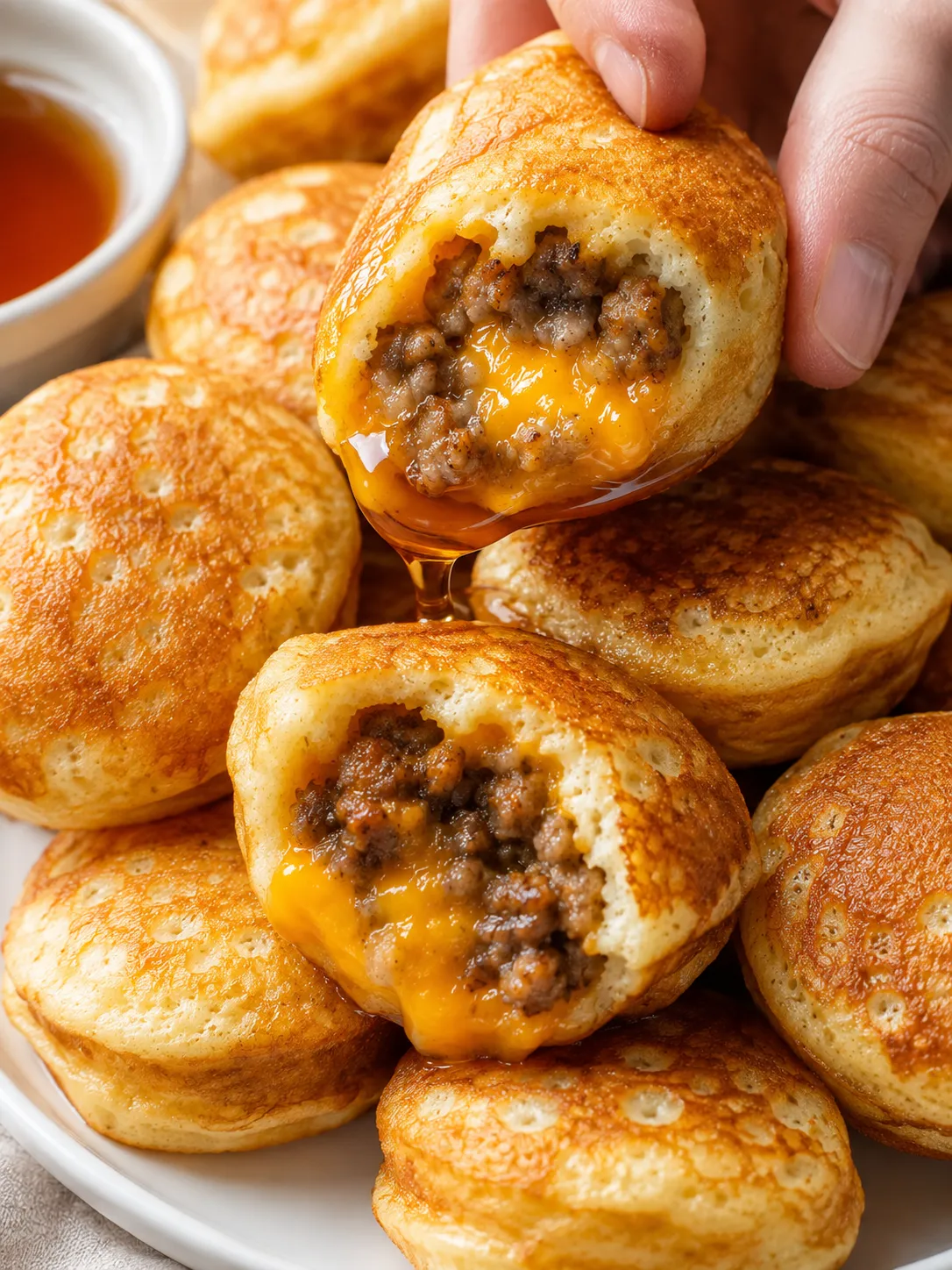 Pancake Sausage Cheese Bites piled on a plate with maple syrup for dipping