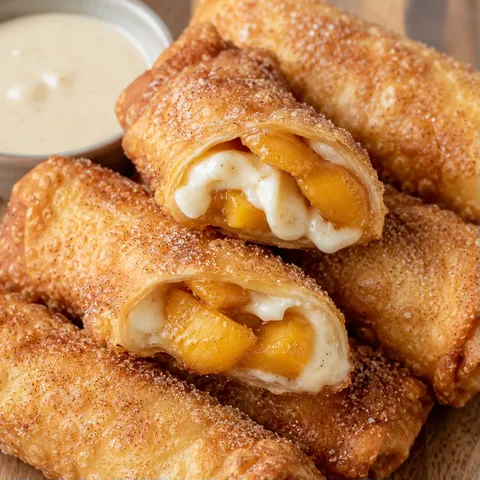 Peach cheesecake egg rolls with cinnamon sugar and creamy peach filling