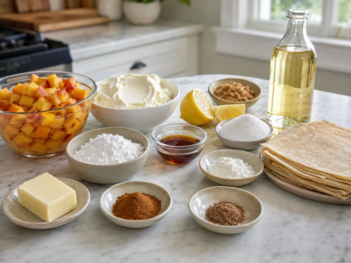 Ingredients for peach cheesecake egg rolls arranged on a marble counter