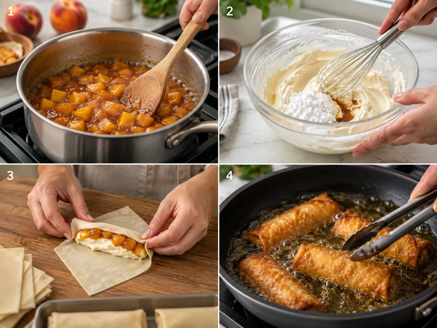 Four cooking steps for peach cheesecake egg rolls from filling to frying