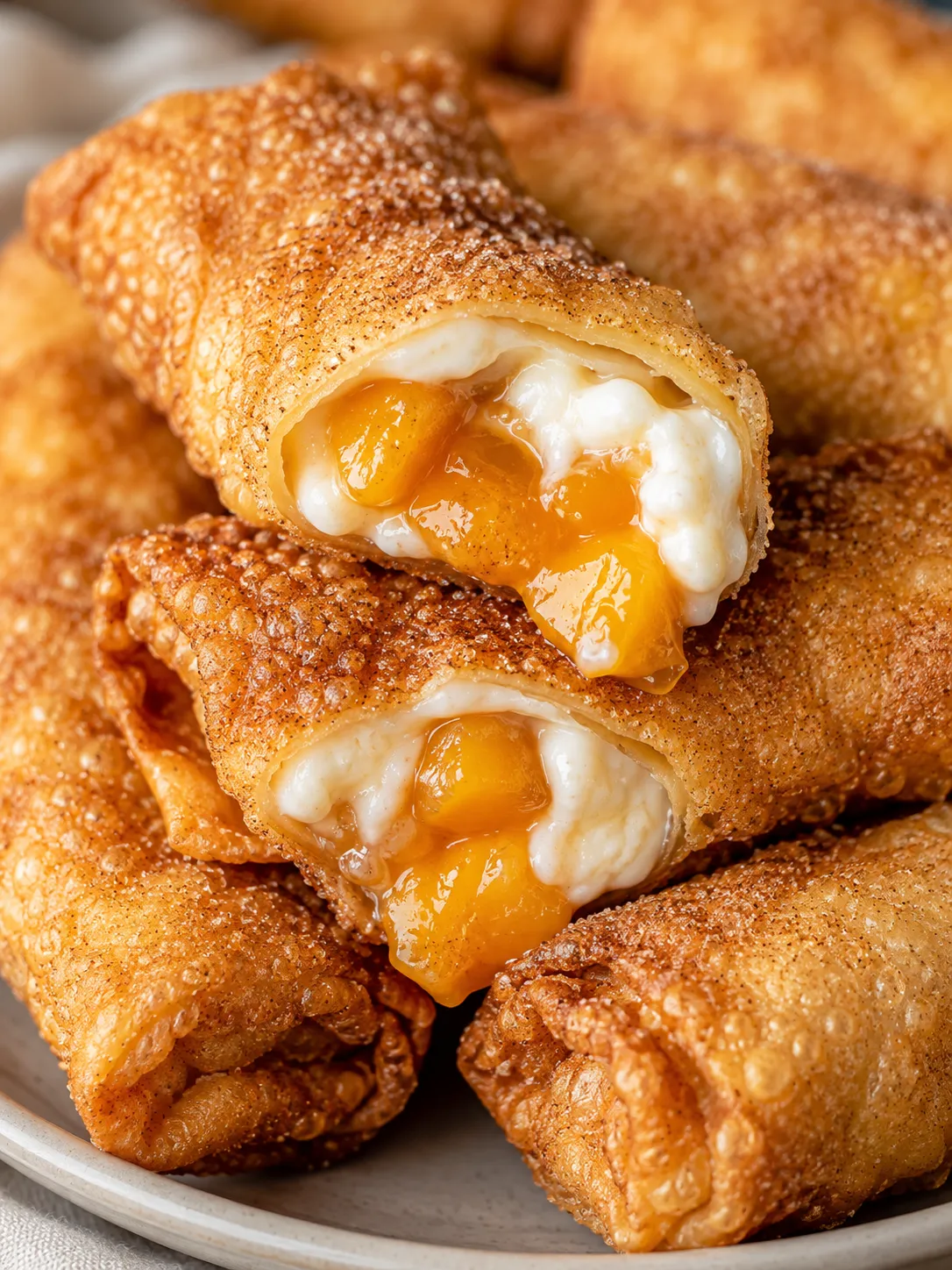 Golden peach cheesecake egg rolls split open with creamy peach filling