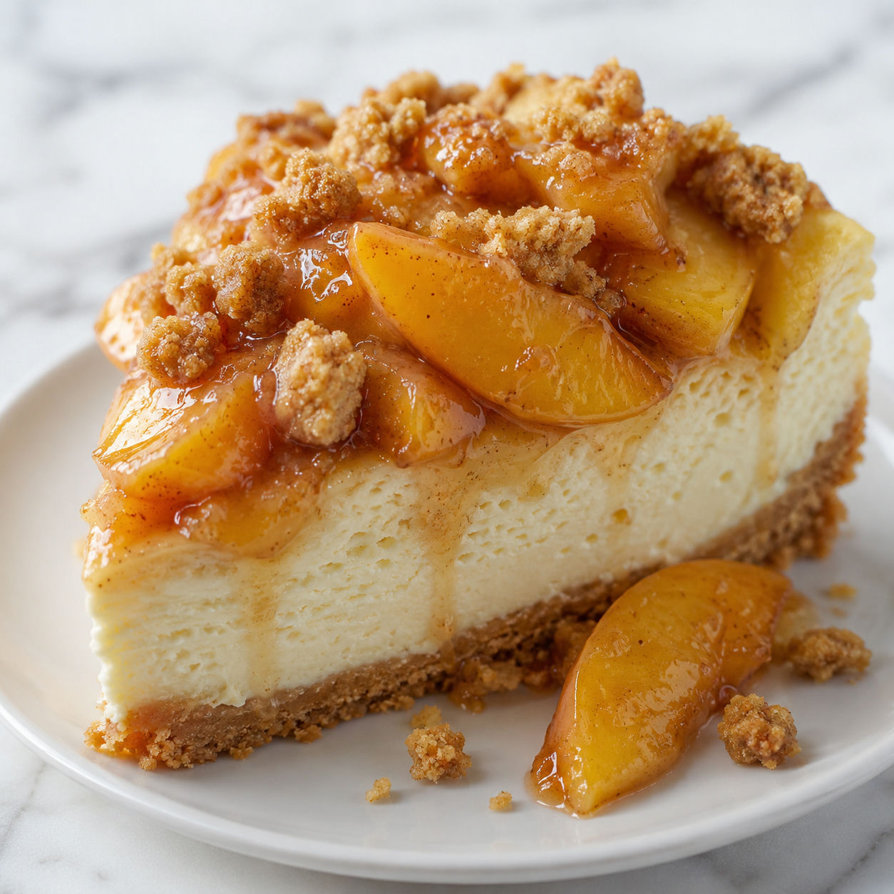 Peach Cobbler Cheesecake slice with cinnamon peaches and golden crumble