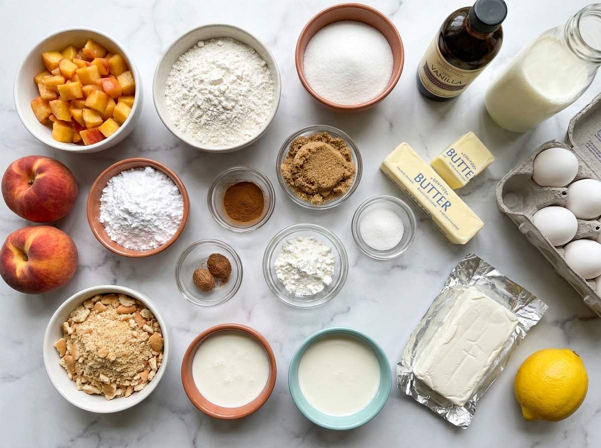 Ingredients for peach cobbler pound cake Twinkies on a marble counter