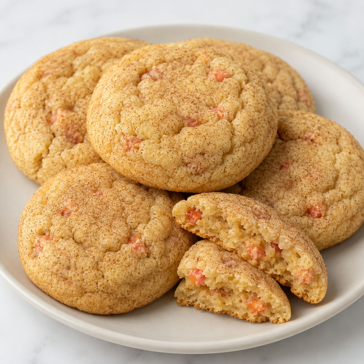 Peach snickerdoodle cookies with cinnamon sugar tops on a cream plate
