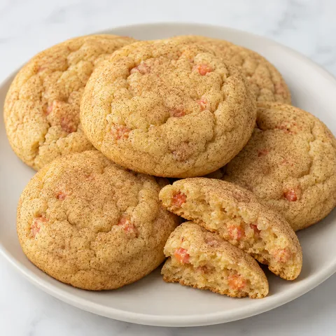 Peach snickerdoodle cookies with cinnamon sugar tops on a cream plate