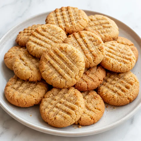Peanut butter cookie bites with crisscross tops on a pale plate