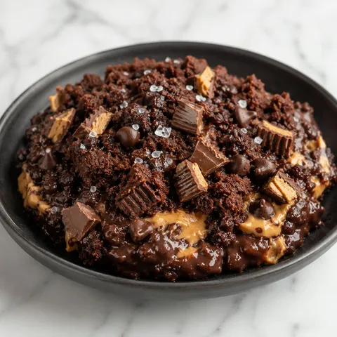 Warm peanut butter cup dump cake with melted chocolate and peanut butter