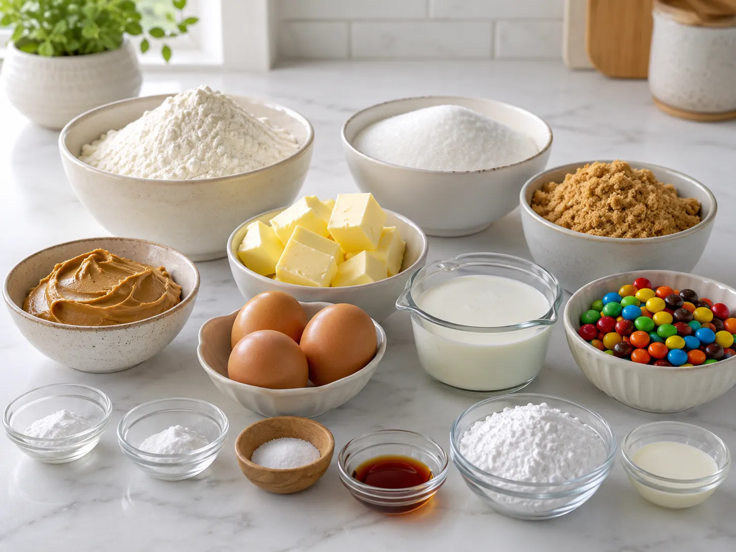 Ingredients for Peanut Butter M&M's Cake arranged on a marble counter