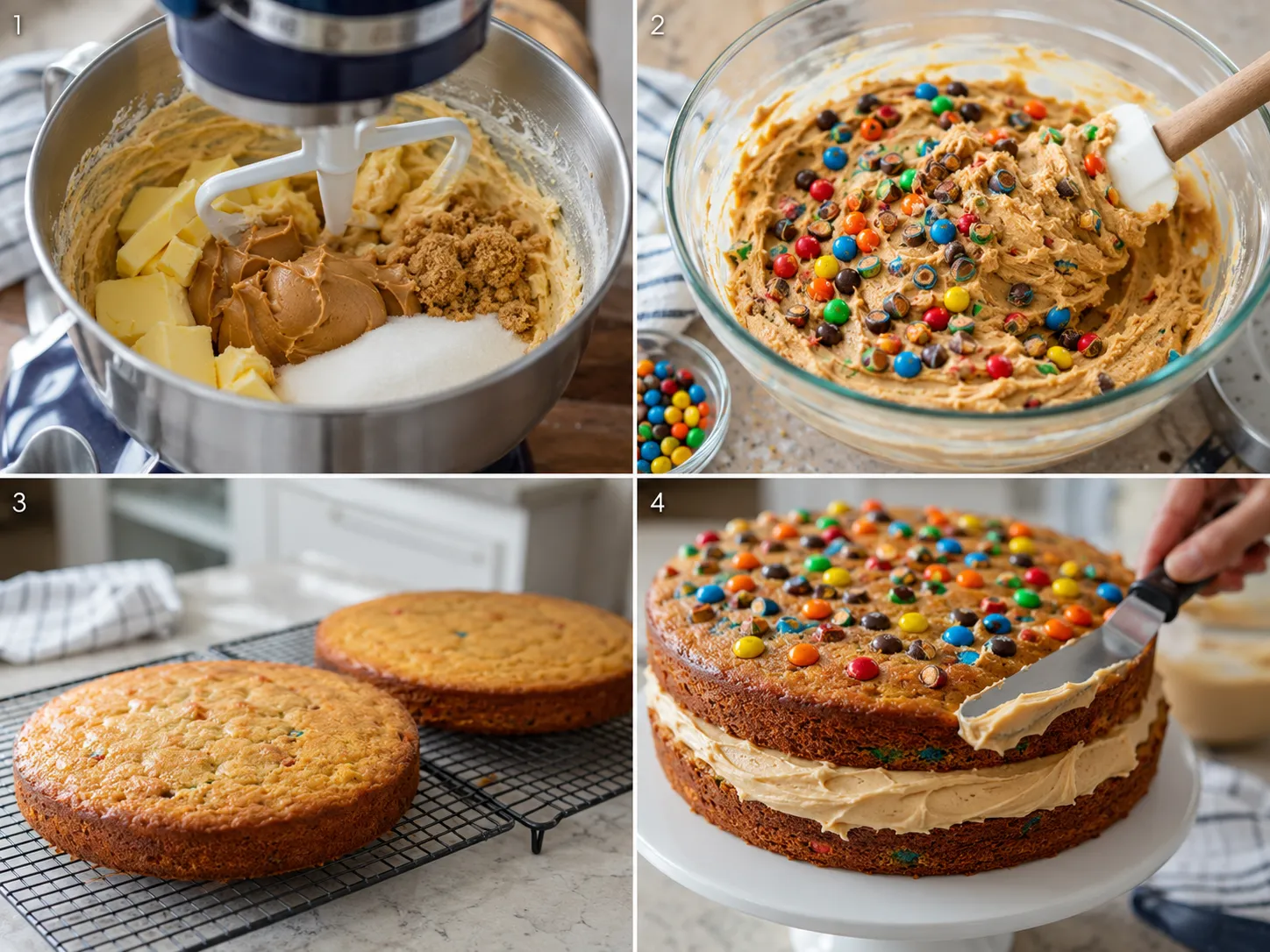 Four steps for baking and frosting Peanut Butter M&M's Cake