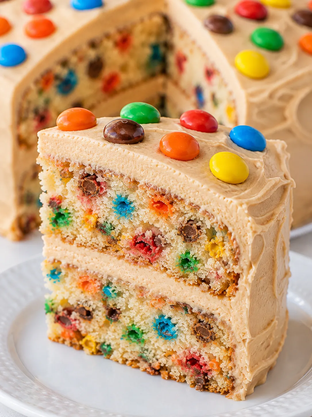 Slice of Peanut Butter M&M's Cake with creamy frosting and candy pieces