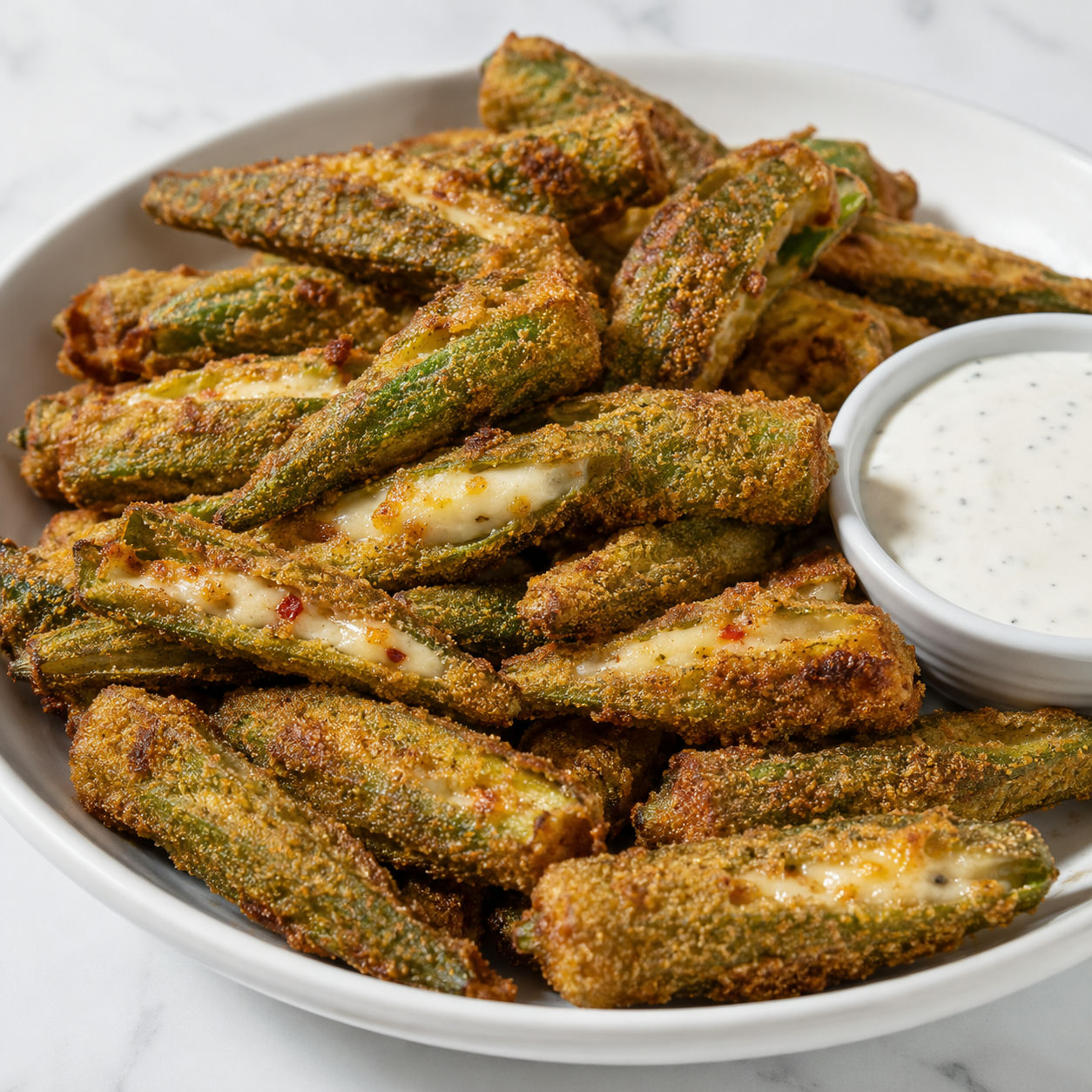 Pepper jack stuffed fried okra with ranch and crisp cornmeal crust
