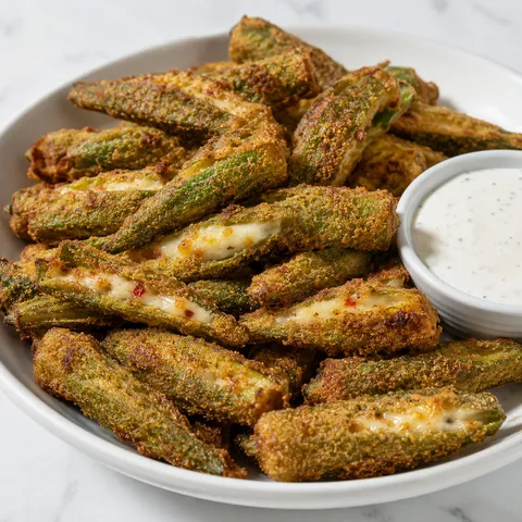 Pepper jack stuffed fried okra with ranch and crisp cornmeal crust