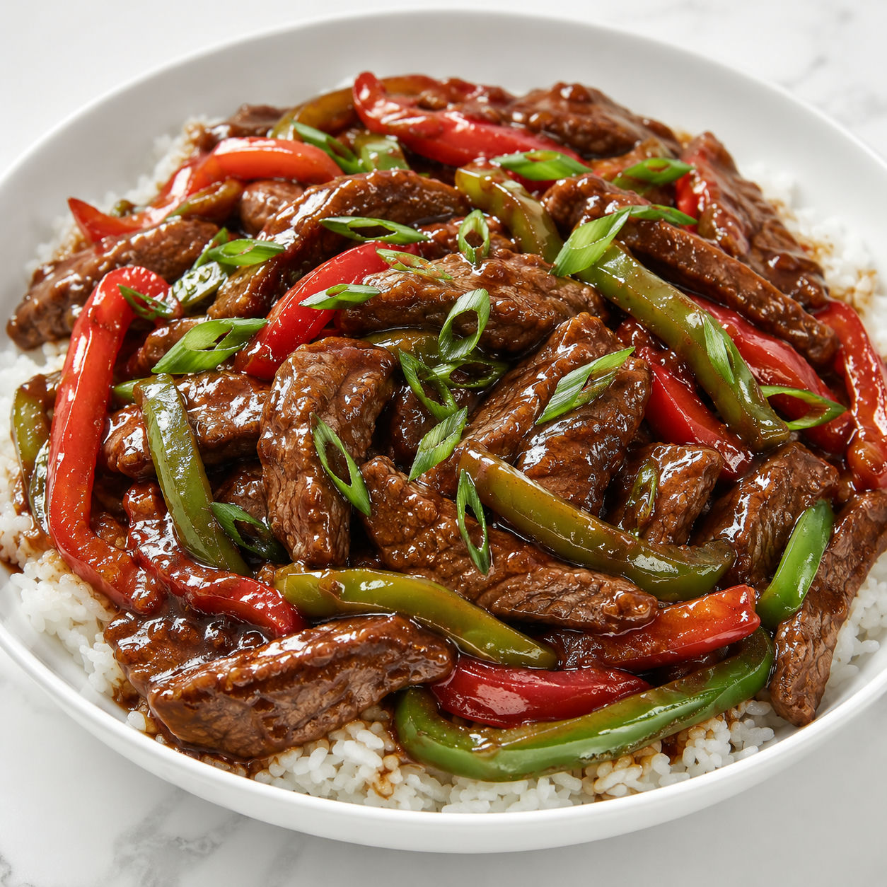 Pepper steak with bell peppers and glossy soy sauce over white rice in a shallow ceramic bowl