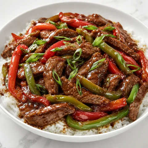 Pepper steak with bell peppers and glossy soy sauce over white rice in a shallow ceramic bowl