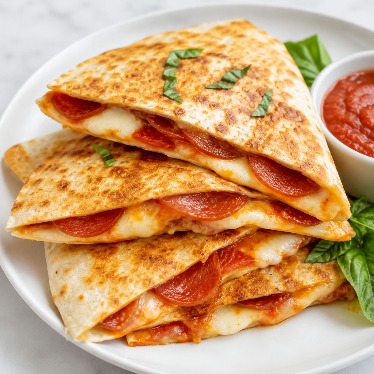 Pepperoni pizza quesadilla wedges with melted mozzarella and marinara