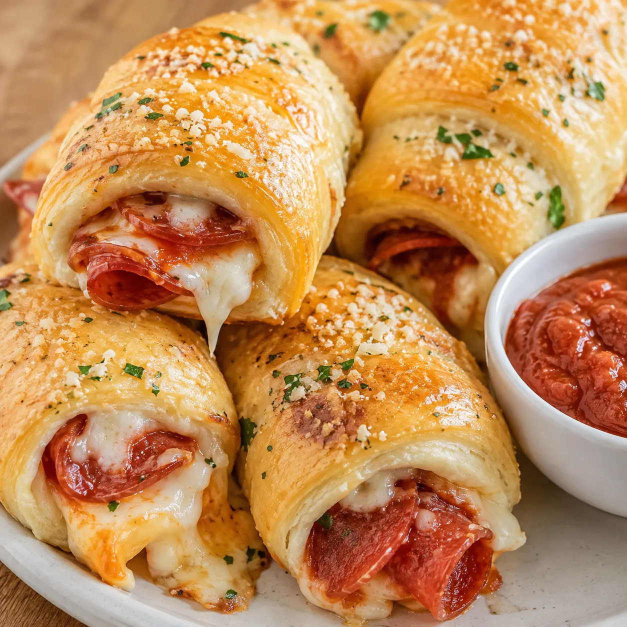 Golden pepperoni pizza roll-ups with melted mozzarella and pizza sauce