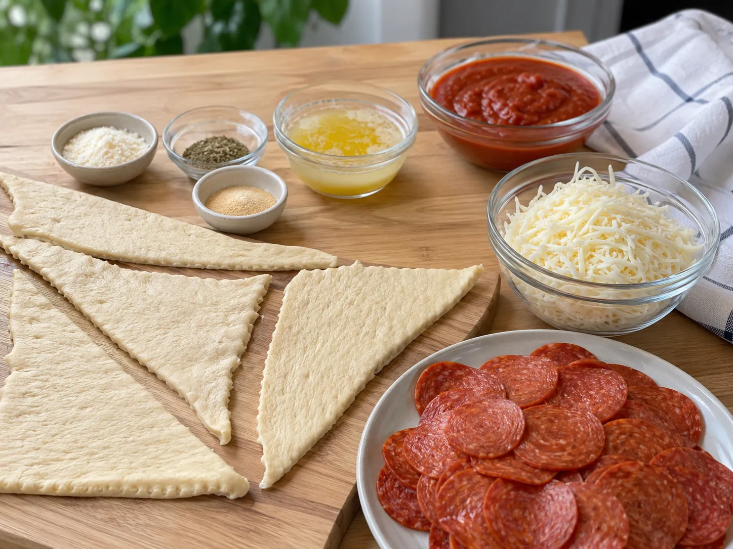 Ingredients for pepperoni pizza roll-ups with dough, cheese, sauce, and pepperoni