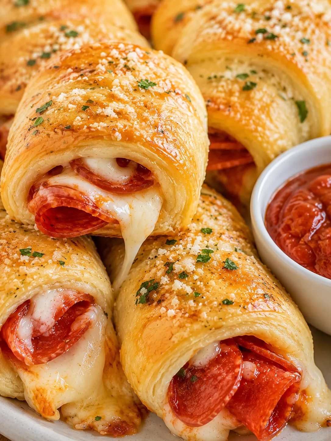 Pepperoni pizza roll-ups with melted cheese and red dipping sauce