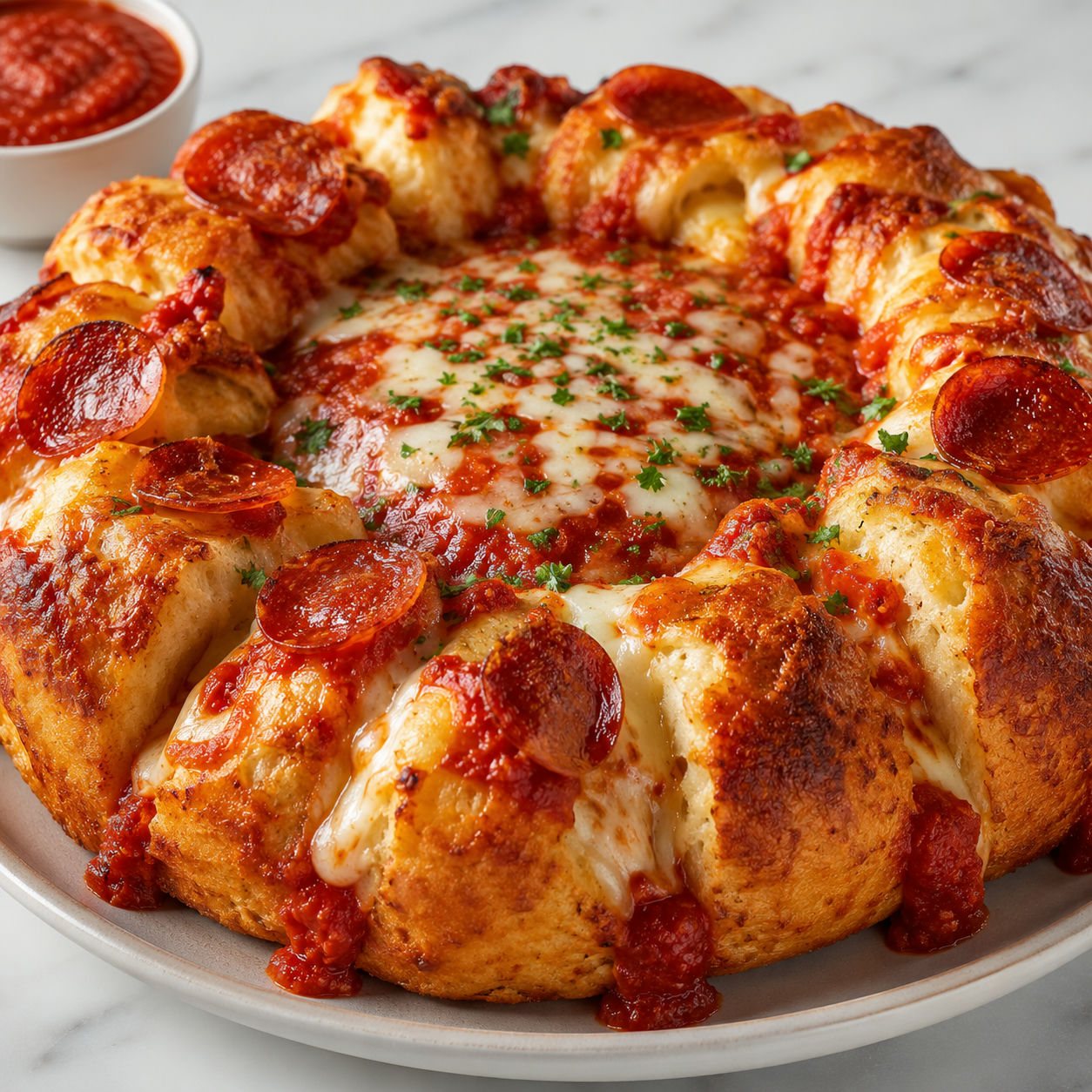 Pepperoni pizza volcano with sauce and melted mozzarella in the center