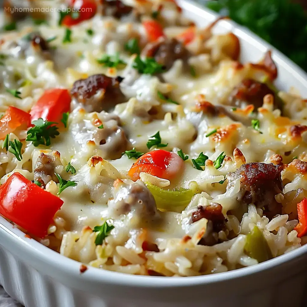 Delicious Philly Cheesesteak Alfredo Rice Casserole
