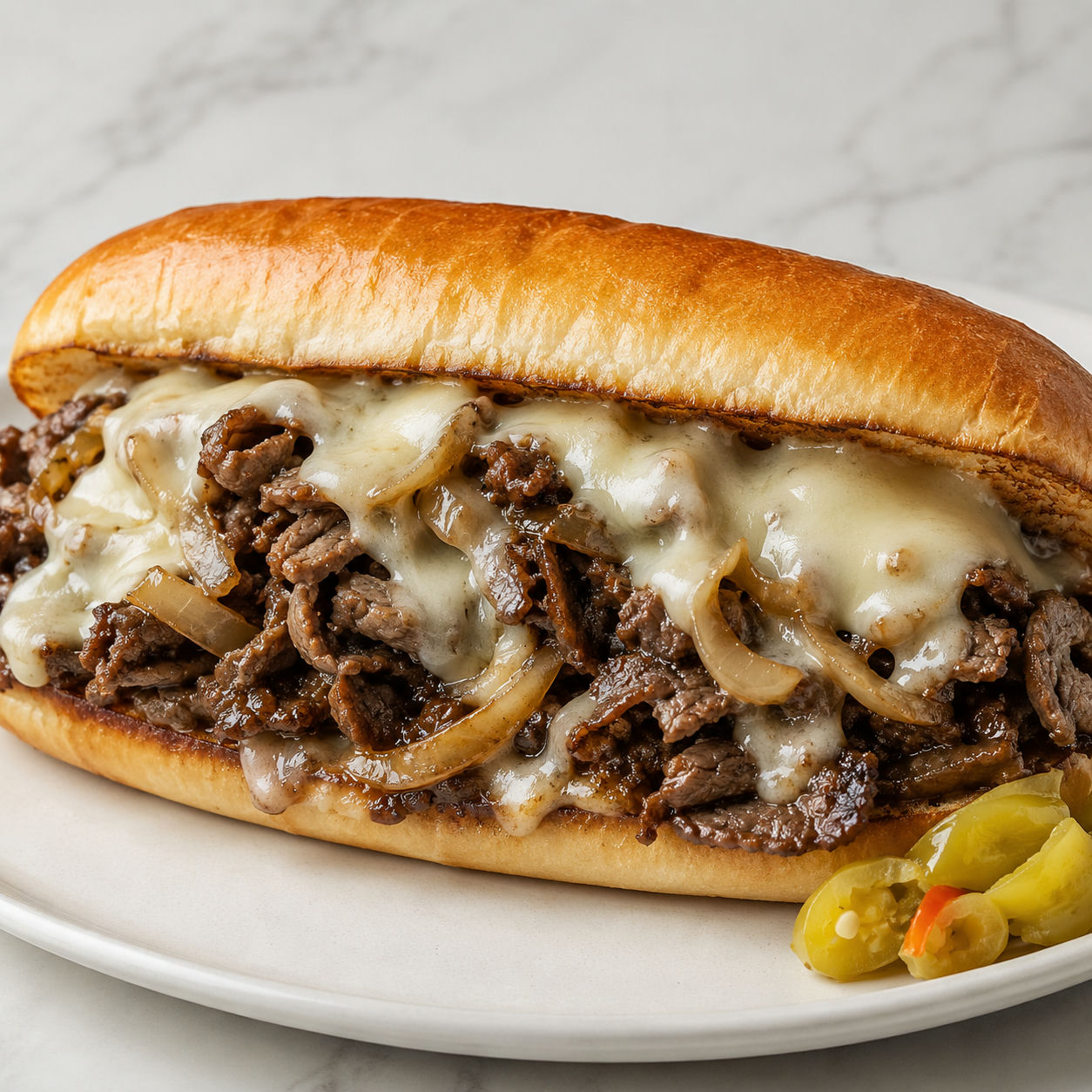 Philly Cheesesteak with ribeye, melted provolone, and onions in a hoagie roll