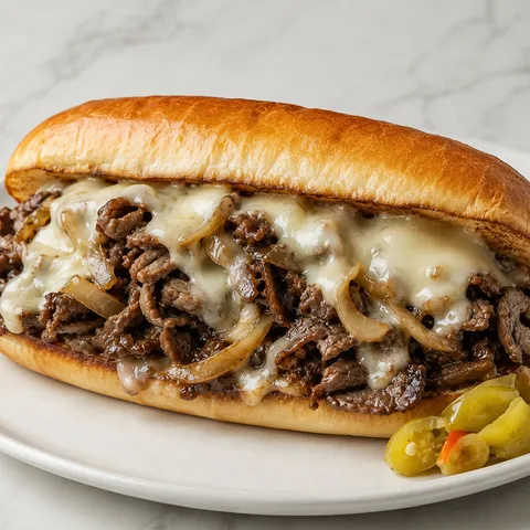 Philly Cheesesteak with ribeye, melted provolone, and onions in a hoagie roll