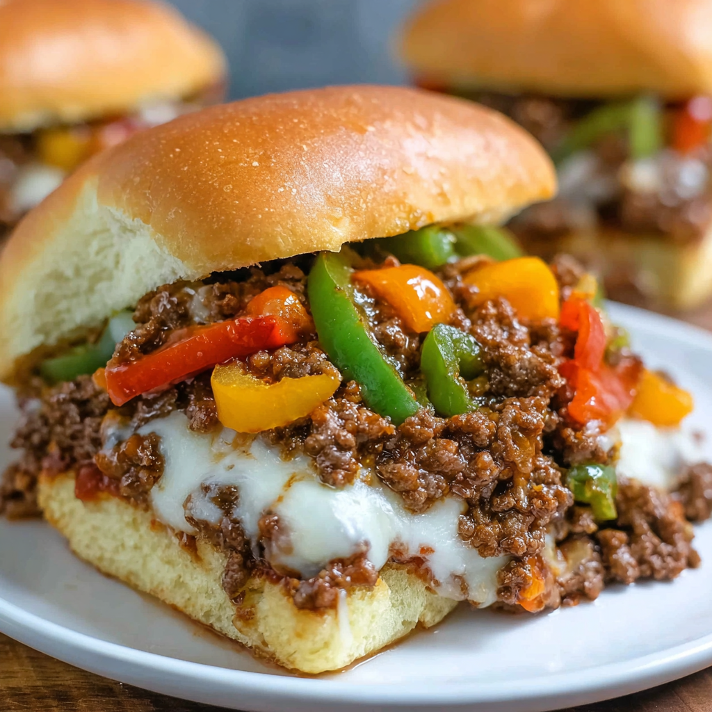 Philly Cheesesteak Sloppy Joes with Peppers and Melted Cheese