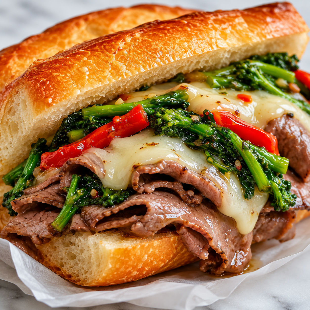 Philly-style roast beef hoagie with broccoli rabe and sharp provolone