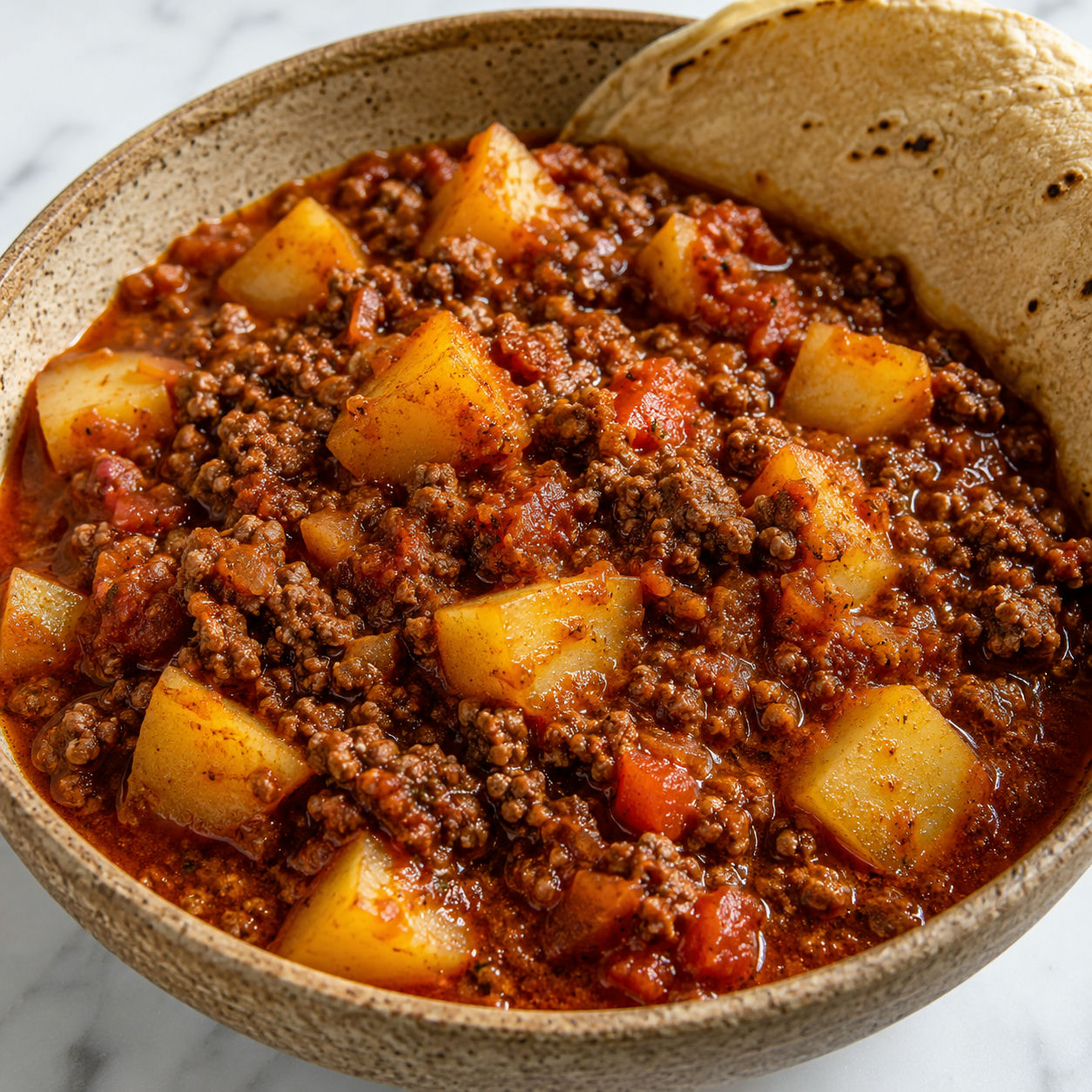 Picadillo con papa with golden potato chunks and seasoned ground beef in red tomato sauce