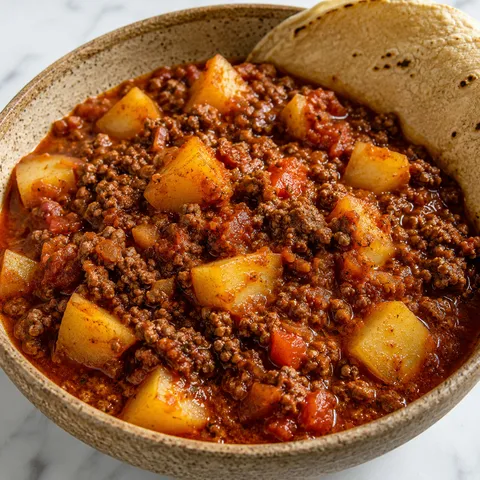 Picadillo con papa with golden potato chunks and seasoned ground beef in red tomato sauce