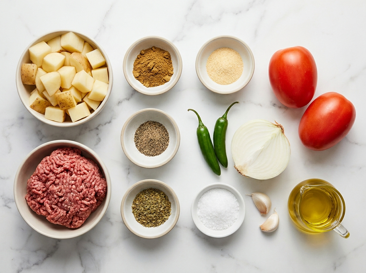 Raw ingredients for picadillo con papa including ground beef, potato, Roma tomatoes, and spices