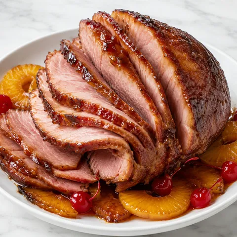 Pineapple brown sugar glazed ham with pineapple rings and cherries