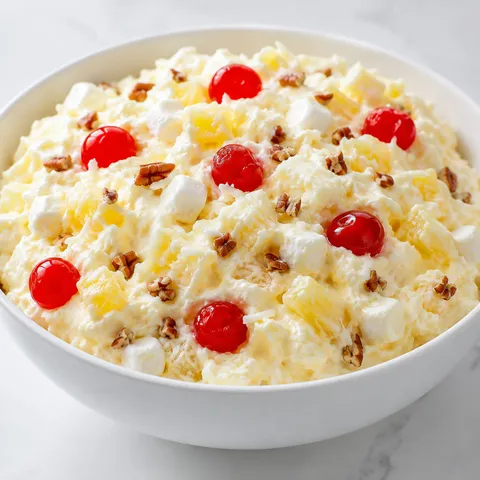 Pineapple Fluff with cherries, coconut, marshmallows, and pecans in a white bowl