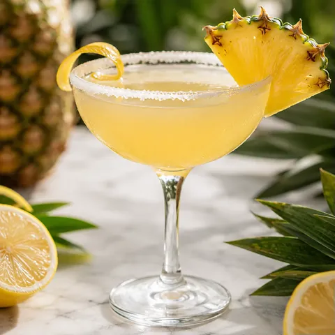 Pineapple Lemon Drop cocktail with sugar rim, lemon twist, and pineapple wedge