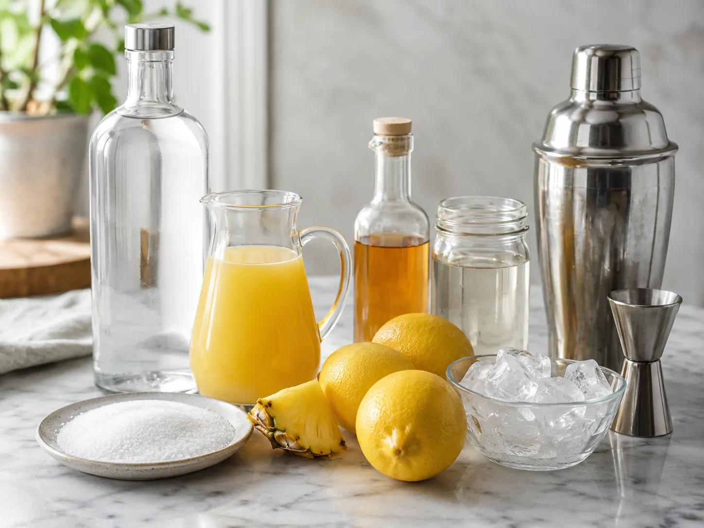 Ingredients for a Pineapple Lemon Drop cocktail with citrus, pineapple, vodka, and sugar