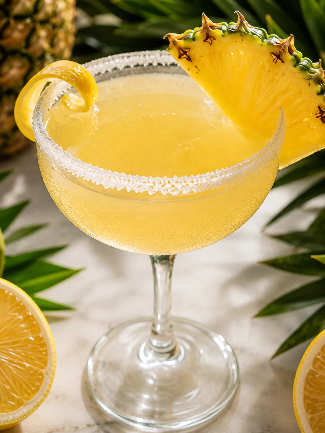 Pineapple Lemon Drop cocktail in a sugared coupe with lemon twist and pineapple