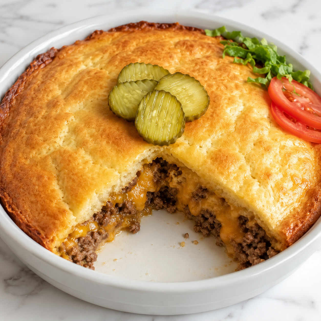 Cheeseburger pie slice with cheddar, beef, and dill pickles