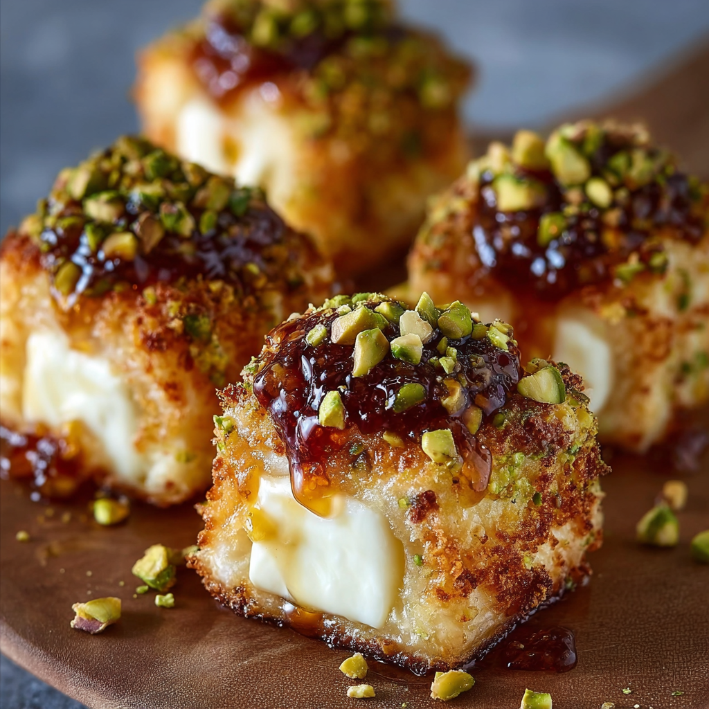 Pistachio Crusted Brie Bites with Fig Honey Glaze