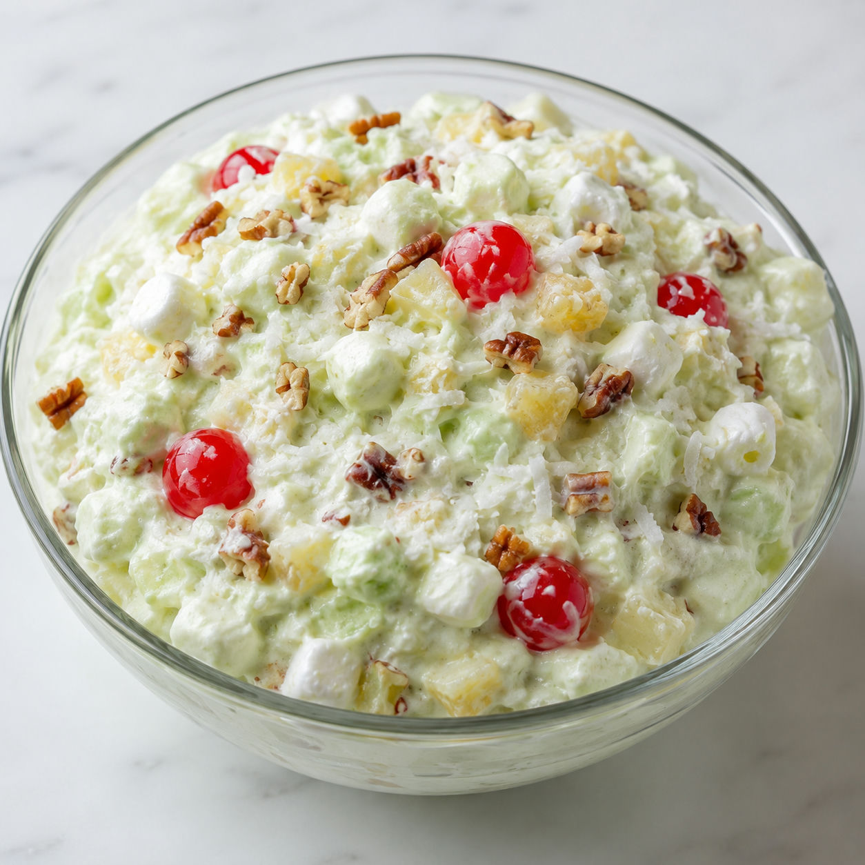 Pistachio pineapple fluff with pecans, marshmallows, and cherries