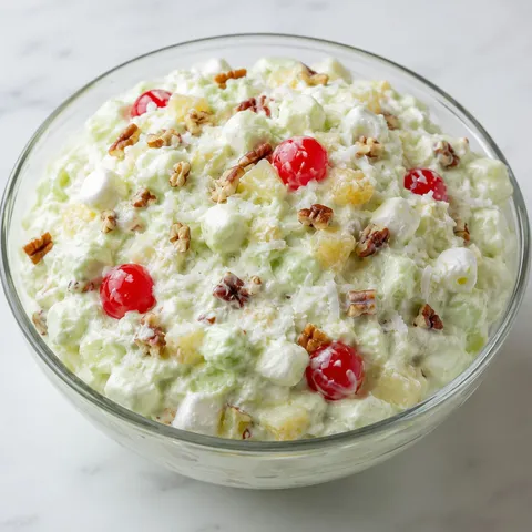 Pistachio pineapple fluff with pecans, marshmallows, and cherries