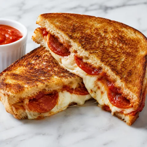 Pizza grilled cheese sandwich cut in half with mozzarella cheese pull and pepperoni on wooden board