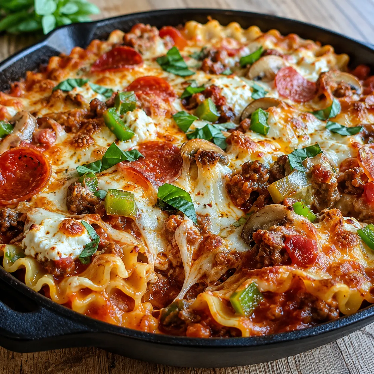 Pizza lasagna skillet bake with pepperoni, melted cheese, and basil