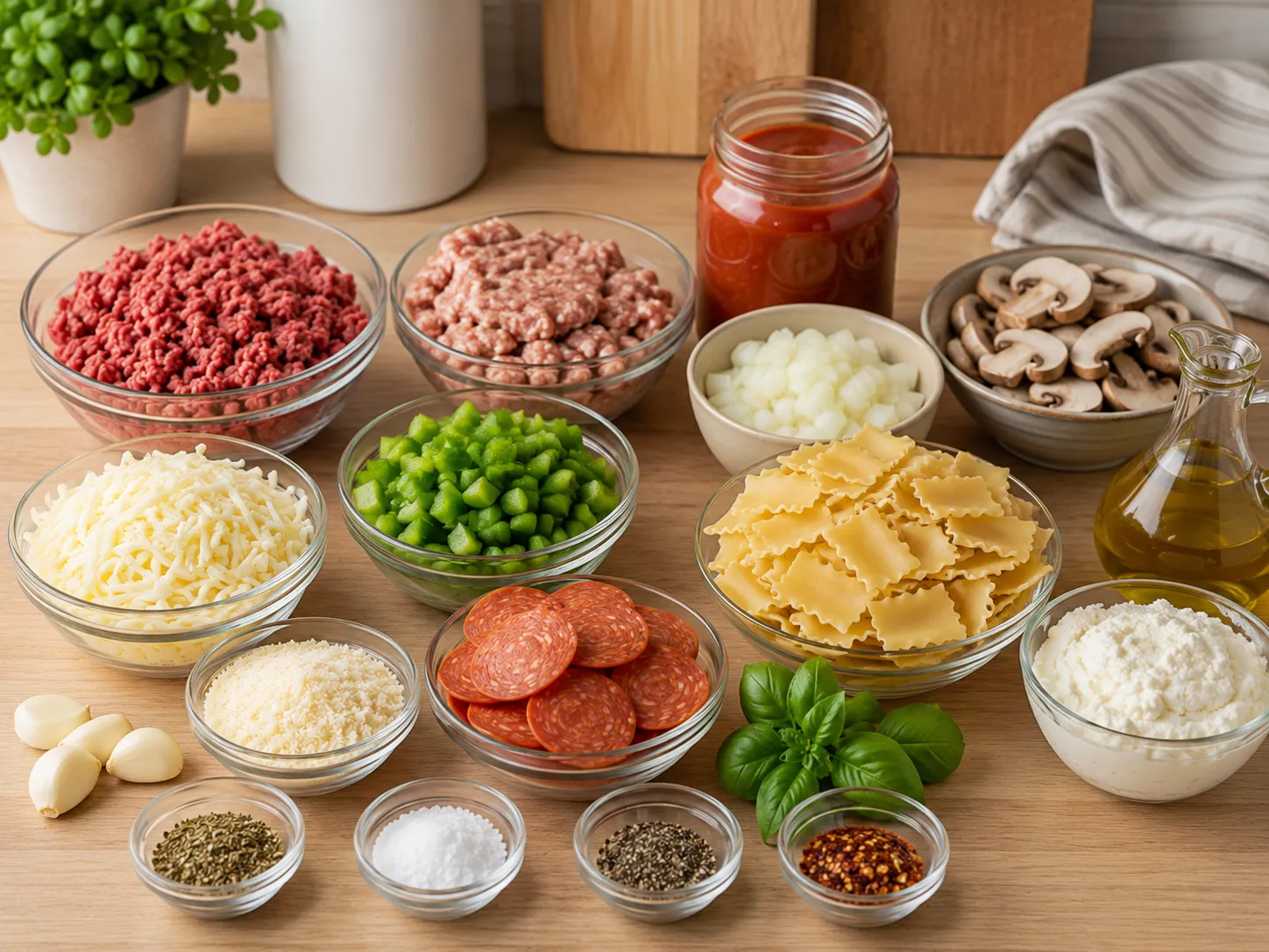 Ingredients for pizza lasagna skillet bake with noodles, meats, cheese, and pepperoni