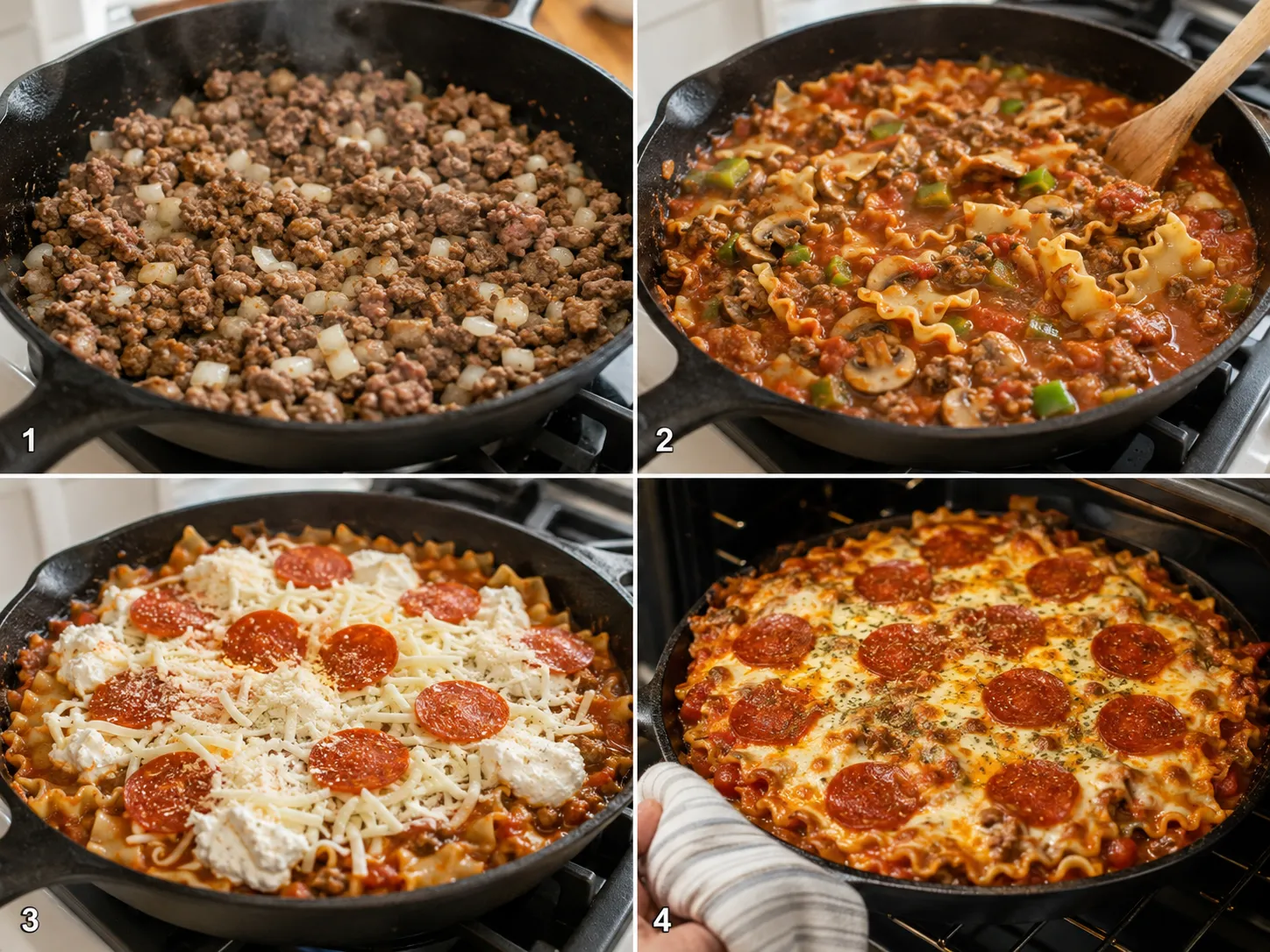Four cooking steps for pizza lasagna skillet bake in a cast-iron skillet