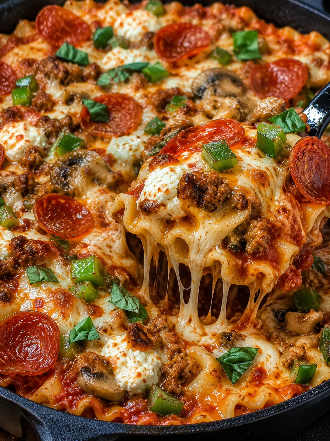 Cheesy pizza lasagna skillet bake with pepperoni and saucy noodles