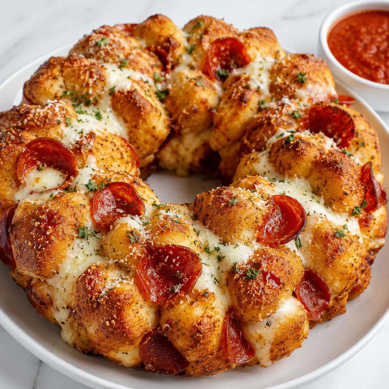 Pizza monkey bread with pepperoni, melted mozzarella, parsley, and marinara