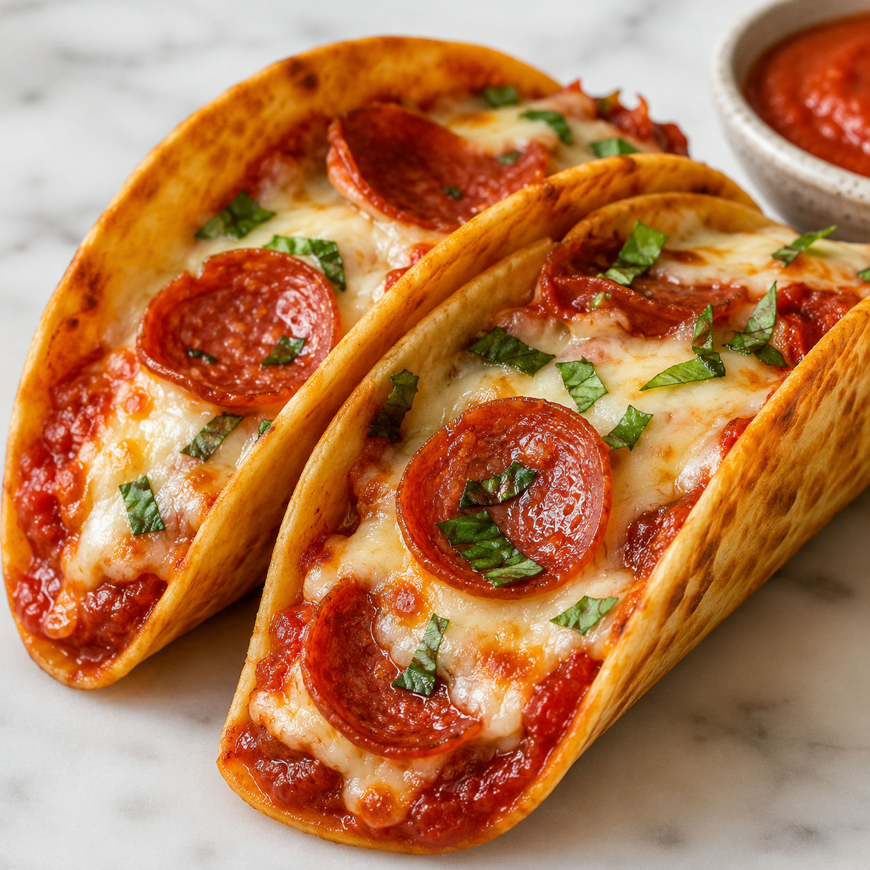 Pizza pepperoni tacos with melted mozzarella and fresh basil on a wooden board